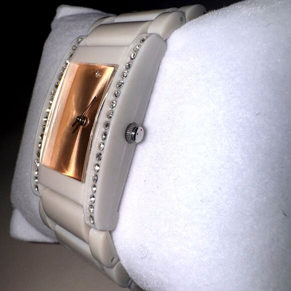 SEMPRE Women’s Rose Gold Watch Cream Ceramic Style Bracelet Crystal NEW BATTERY main image 7